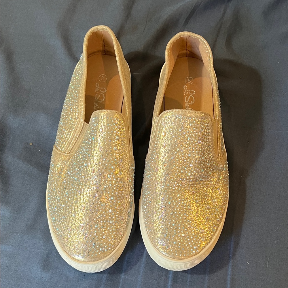 Sparkling Gold Slip-On Women's Shoes, rubber soles